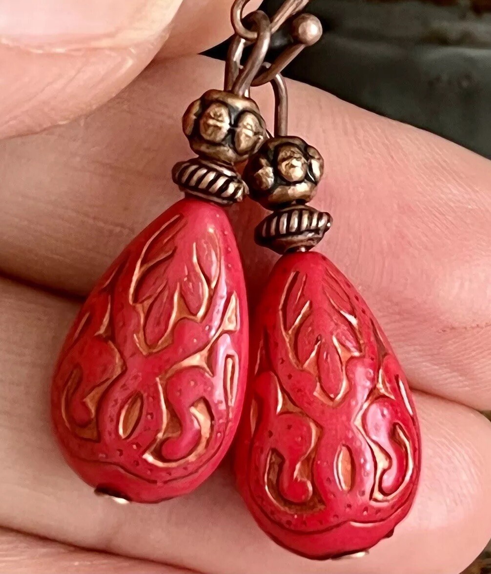 Copper and Vintage Etched Red Teardrop Earrings.