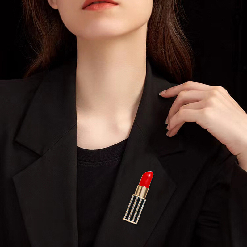 hot selling rhinestone studded lipstick brooch, women’s quality fashion jewelry