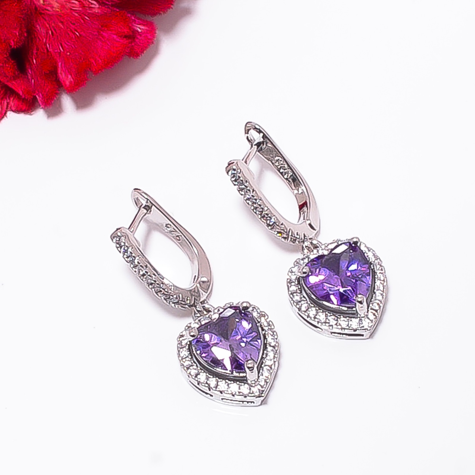 Purple Amethyst & Cz 925 Sterling Silver Heart Earring 1.10″ E157024