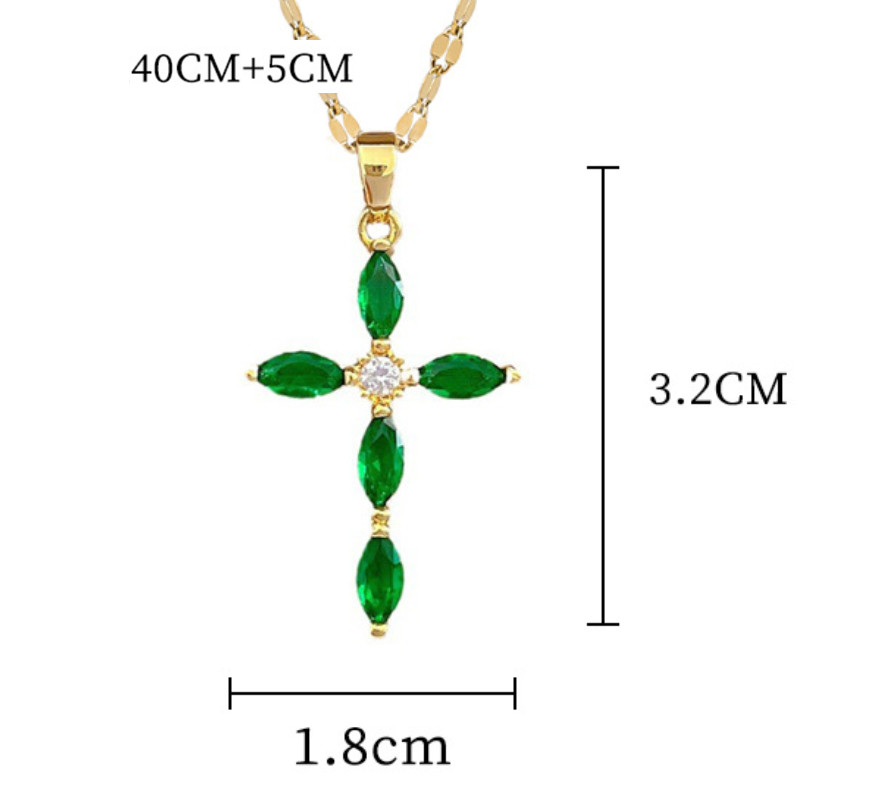 Women 18K Gold Stainless Steel Pink Green CZ Cross Pendant Necklace w Chain AG