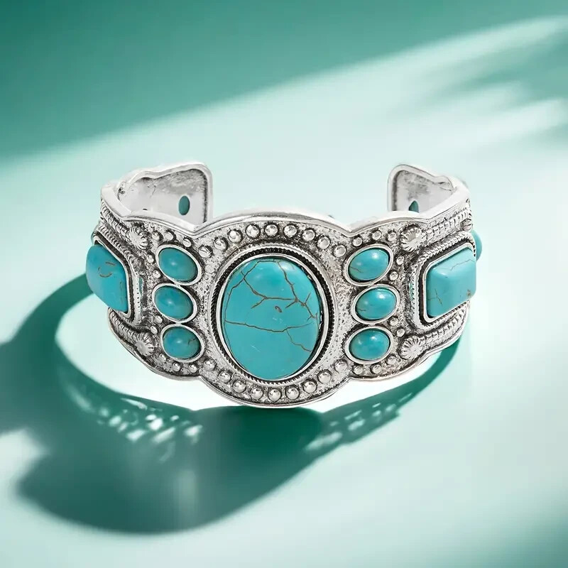Boho 925 Sterling Silver Vintage Turquoise Tibetan Tibet Bracelet Bangle Cuff