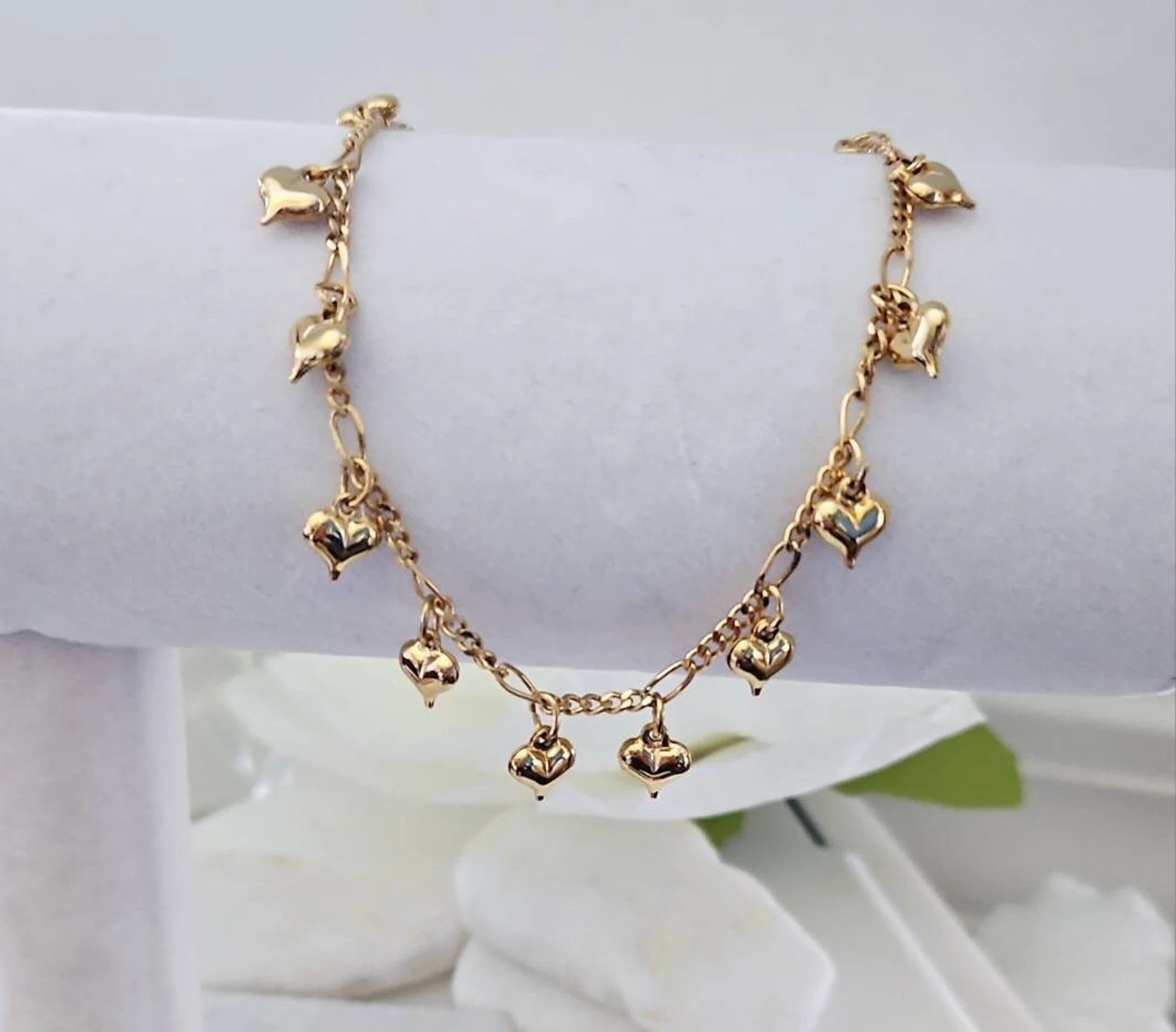 Gold Bracelet, Anklet or Choker, Dangling Hearts, 14k Heavy Plated Gold,