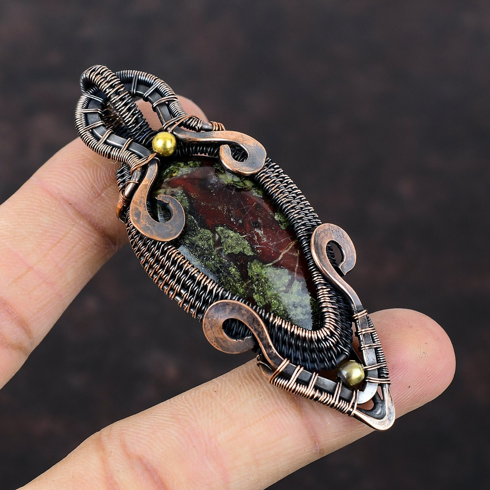 Dragon Bloodstone Wire Wrapped Pendant Handcrafted Copper Unique 2.99″