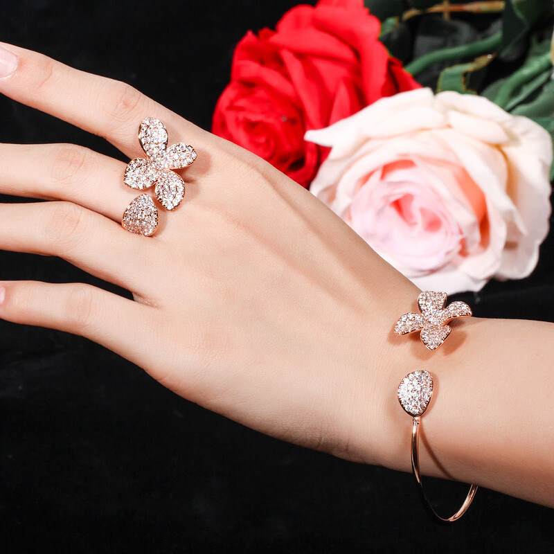 Rose Gold Plated Flower Cuff Bangle Bracelet and Ring Women CZ Party Jewelry Set