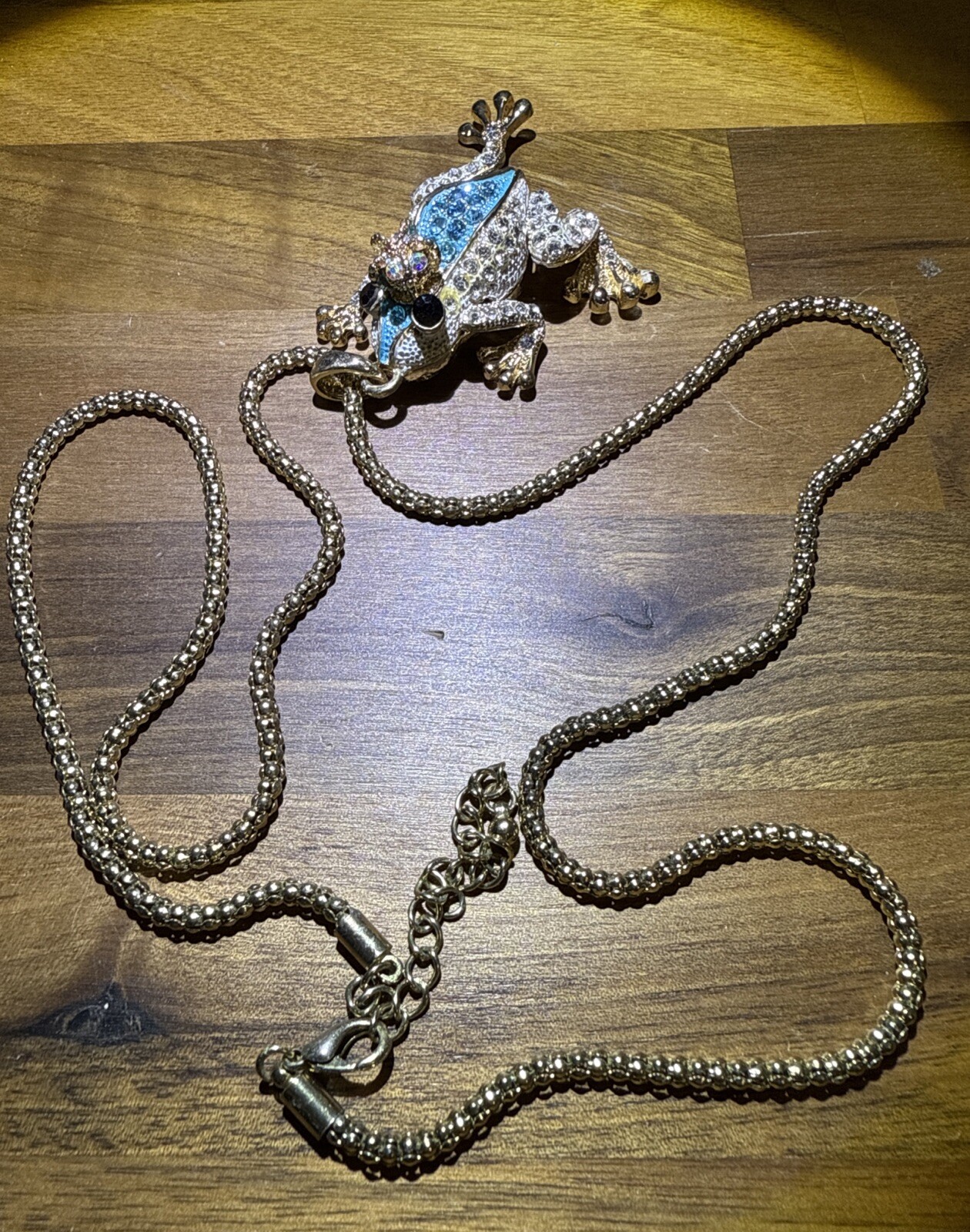 Gold Rhinestone Blue Frog Crown Necklace White Blue Bling Fashion