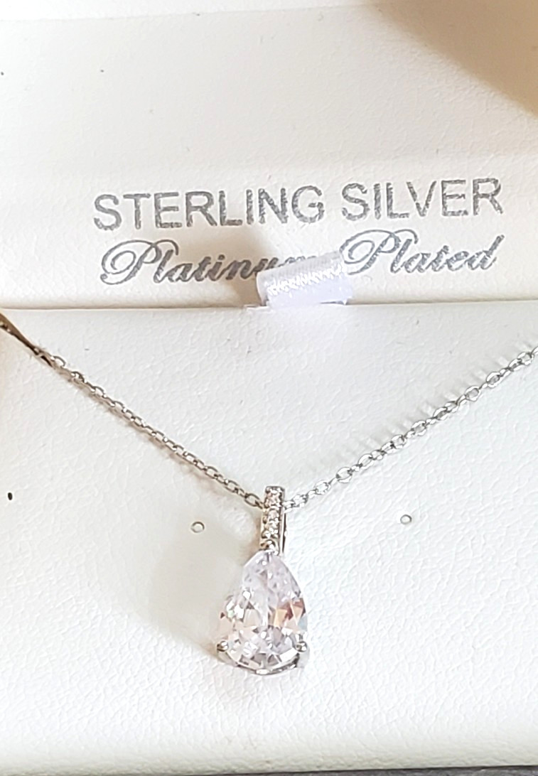 Crislu Sterling Silver Platinum Plated Necklace Cubic Zirconia Teardrop 19 Inch