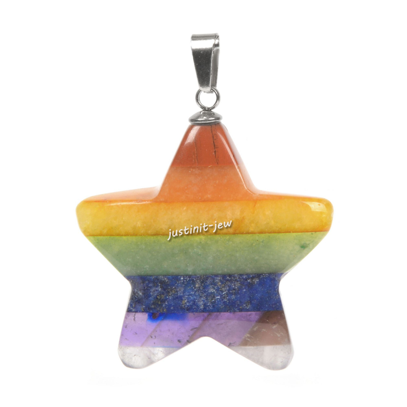 30mm 7 Chakra Gemstone Healing Crystal Star Pendant &Necklace 22 Inch