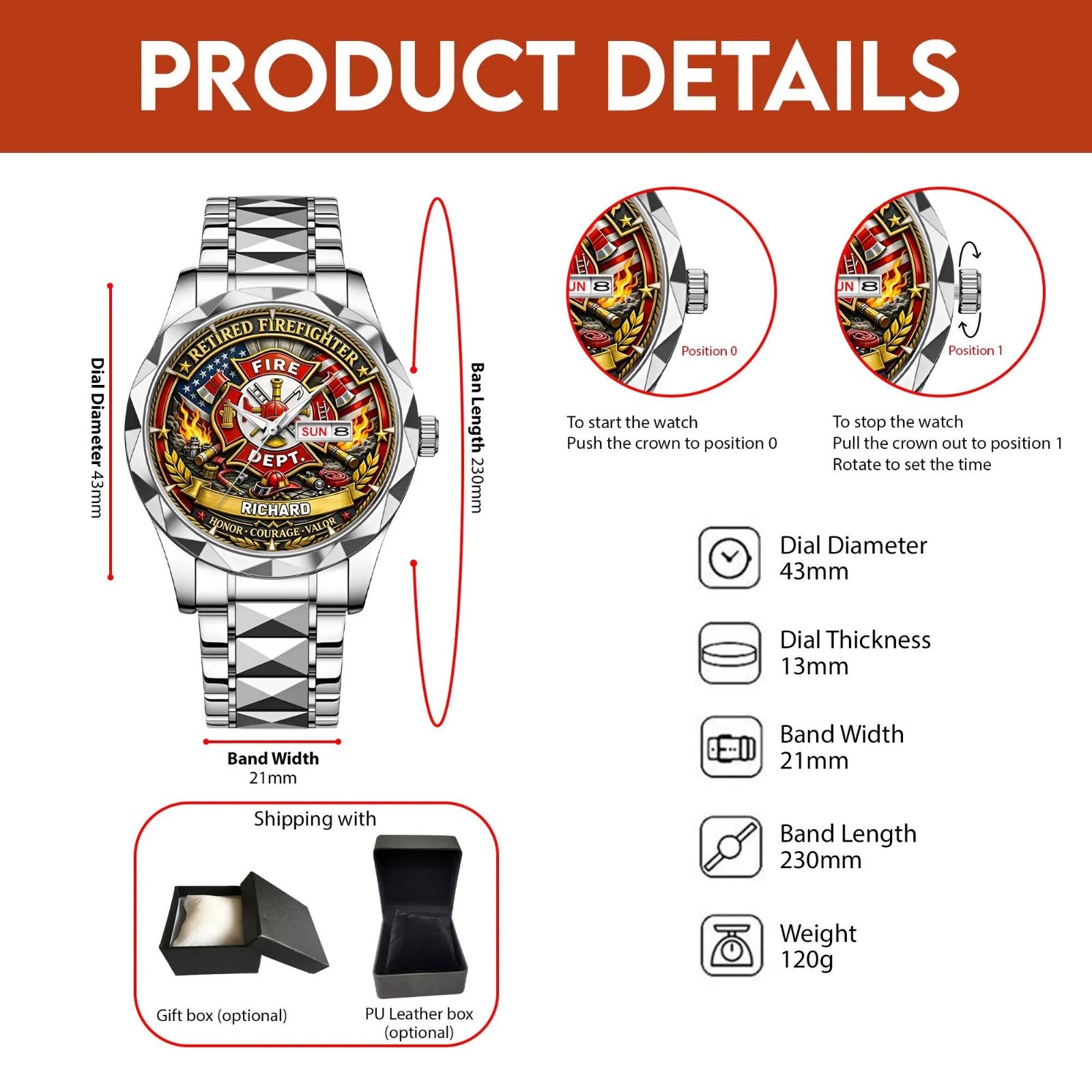Custom Retired Firefighter Watch Personalized Fire Dept Retirement Gift for Men