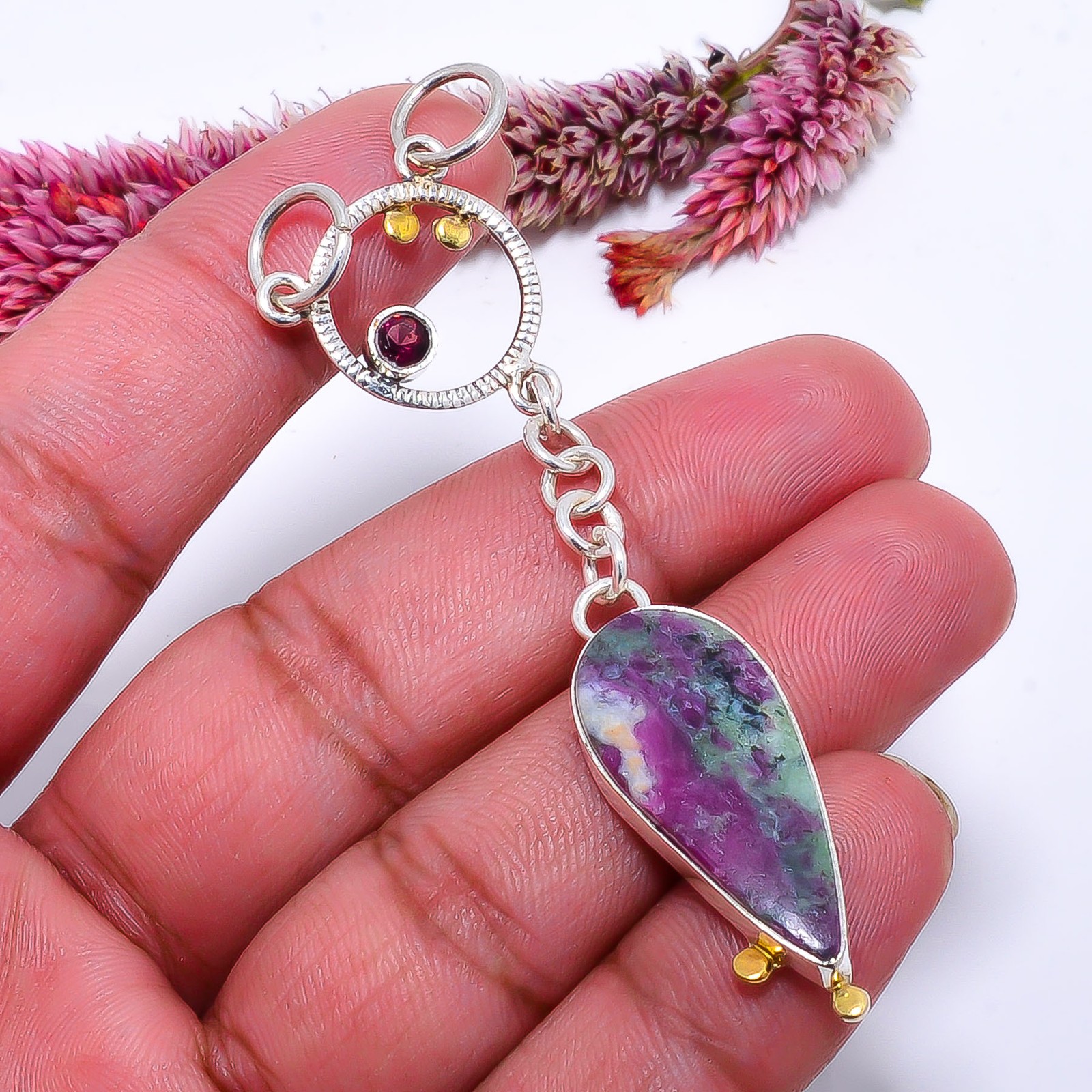 Ruby With Zoisite & Red Garnet 925 Silver Two Tone Pendant 2.85″ P10371114658