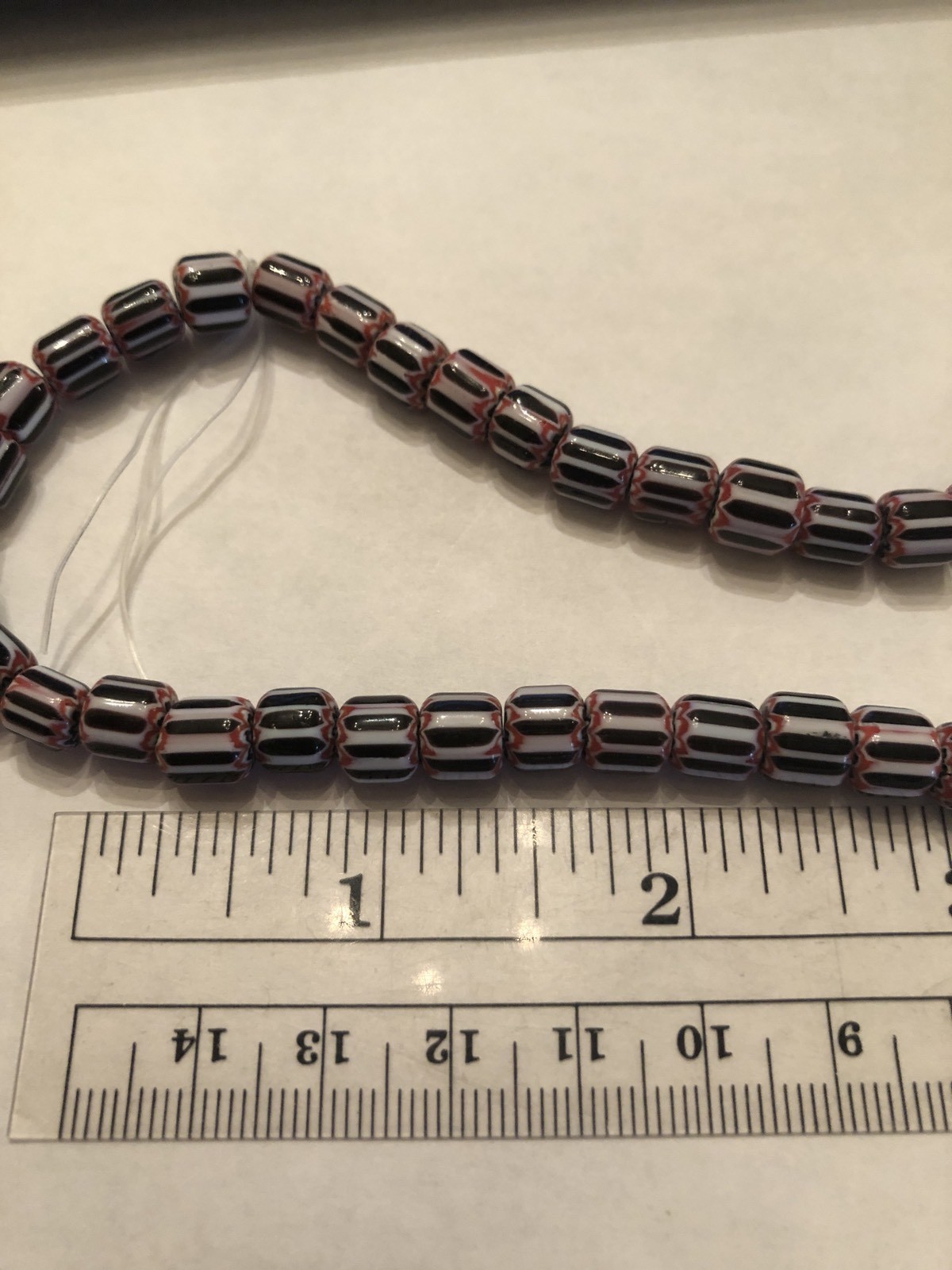 Vintage Red, White & Black Six Layer Glass Chevron Barrel Bead Strand