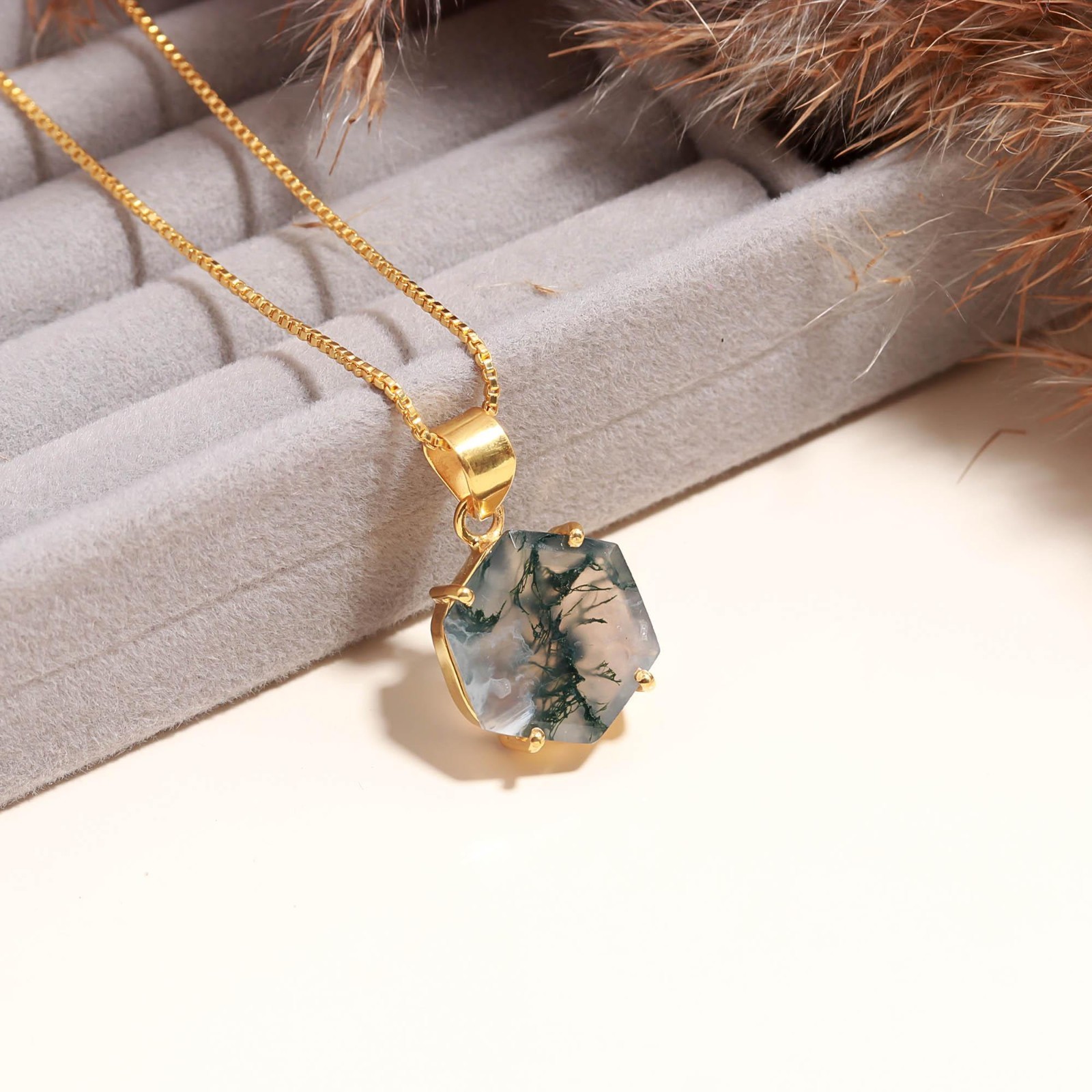 Natural Moss Agate Hexagon Necklace Gold Plated Solid Silver Handmade Jewelry