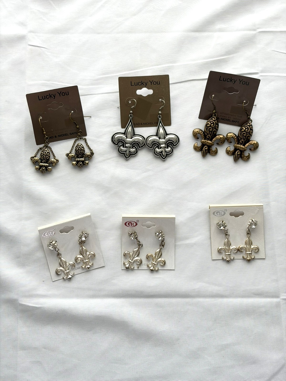 Lot of 6 Fleur De Lis Earrings NWT Silver Bronze Dangle Rhinestone Mixed Styles