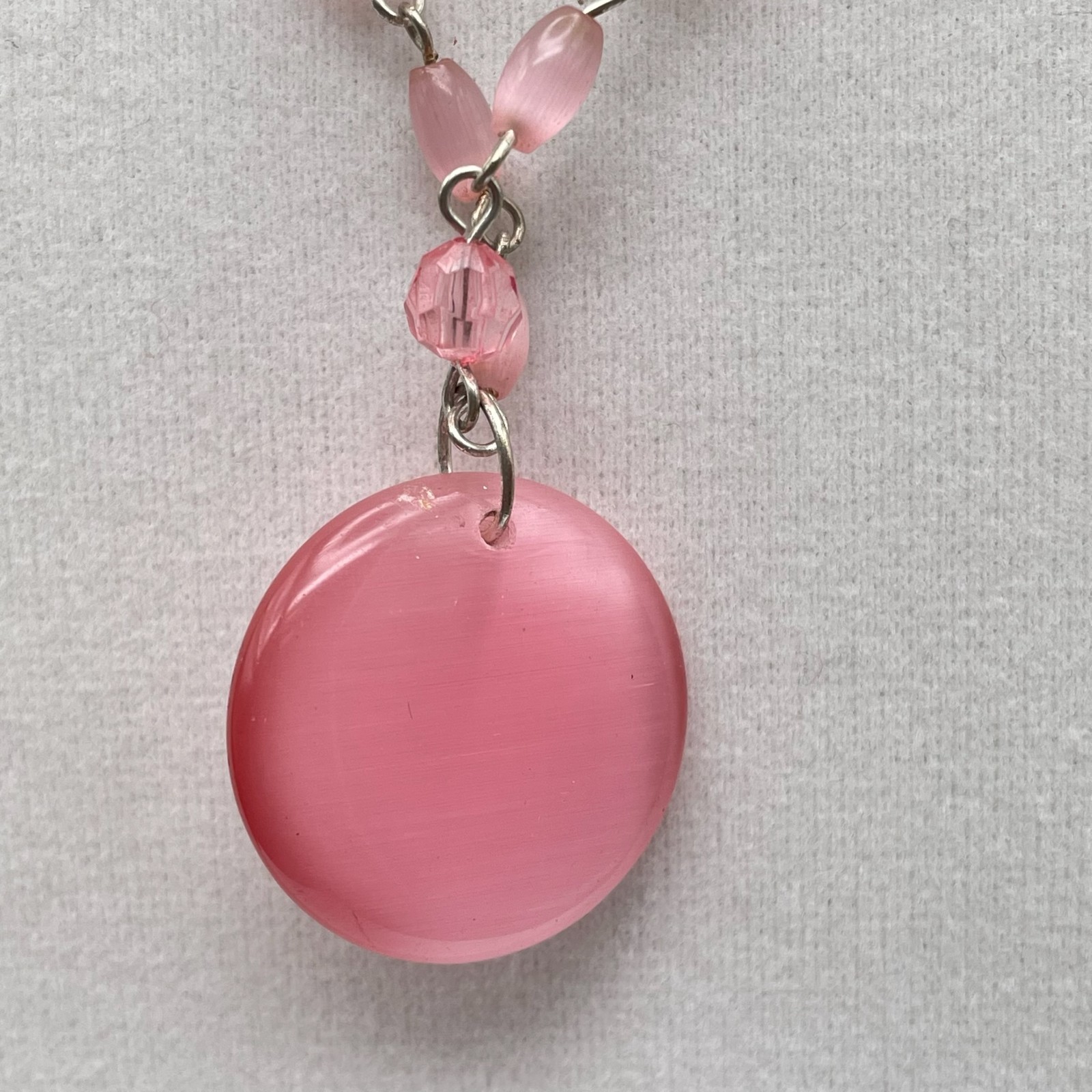 Vintage Silver-tone chain necklace with round pink pendant and accent beads 23In
