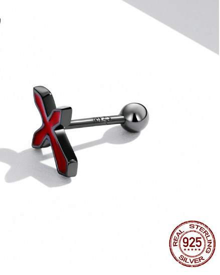 Cross Stud Earring Red Mens Gothic Punk Black 925 Sterling Alternative Y2K
