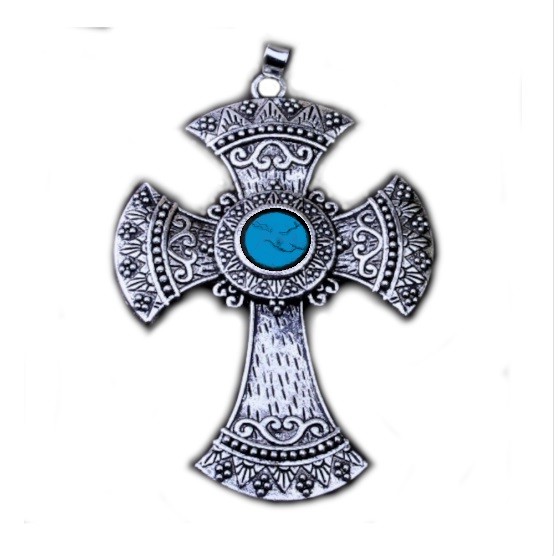 Goth Cross 3/8 ” Turquoise Stone Necklace 2 x 2.75 in Antiqued 18 inch chain