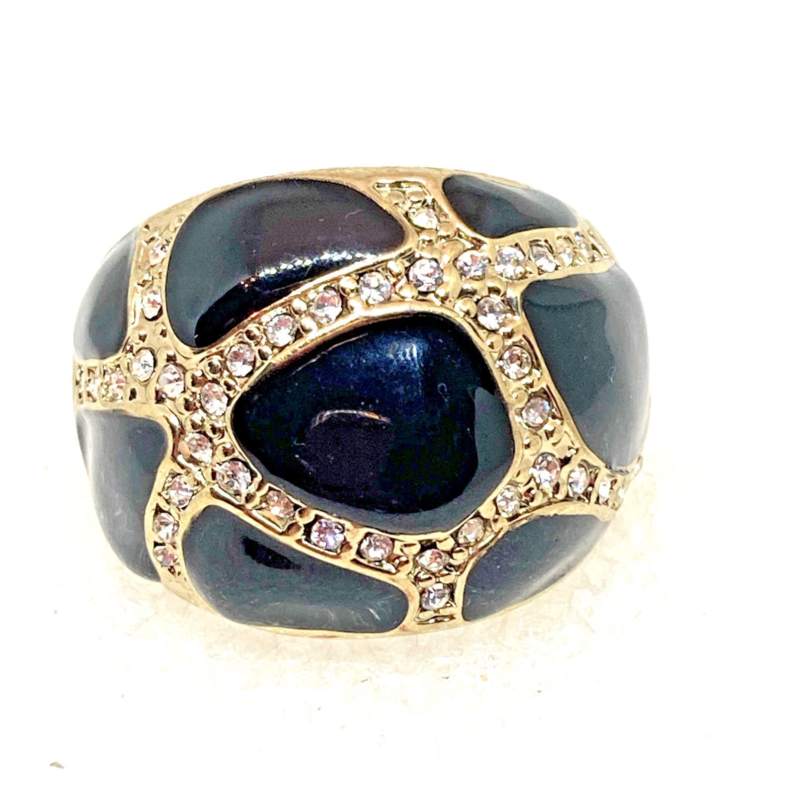 Bold Black Enamel Dome Ring W/ Pave Set Crystals In A Silver Tone Size 8