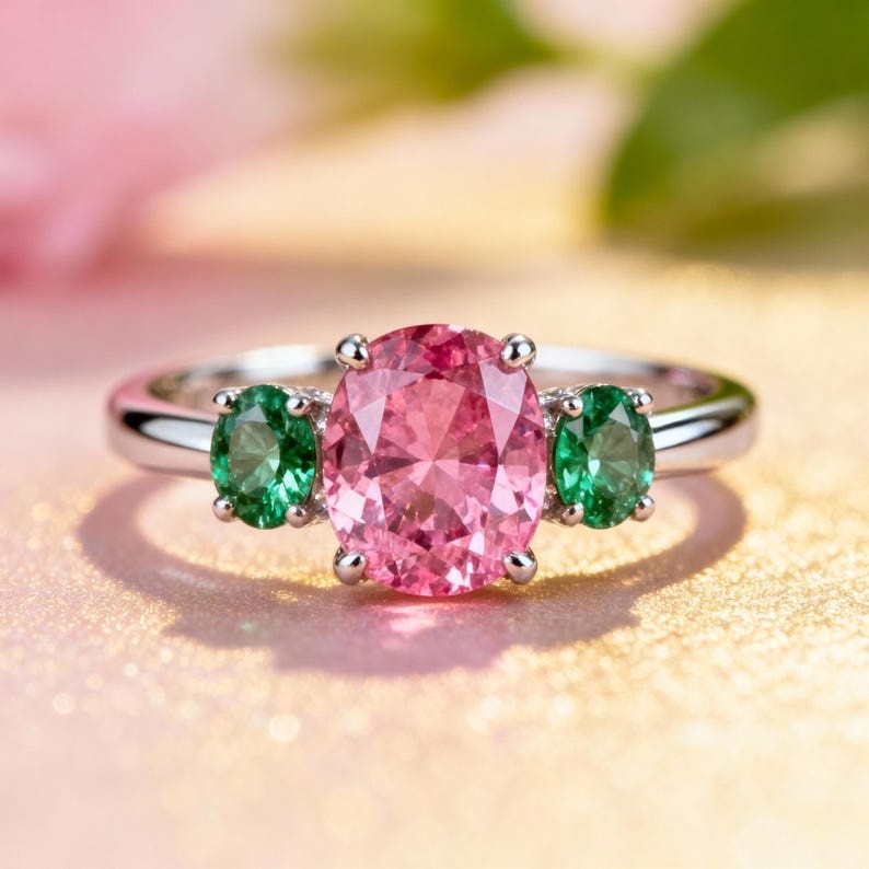 Pink And Green Sapphire Ring 925 Sterling Silver Women’s Ring Gift For Her.