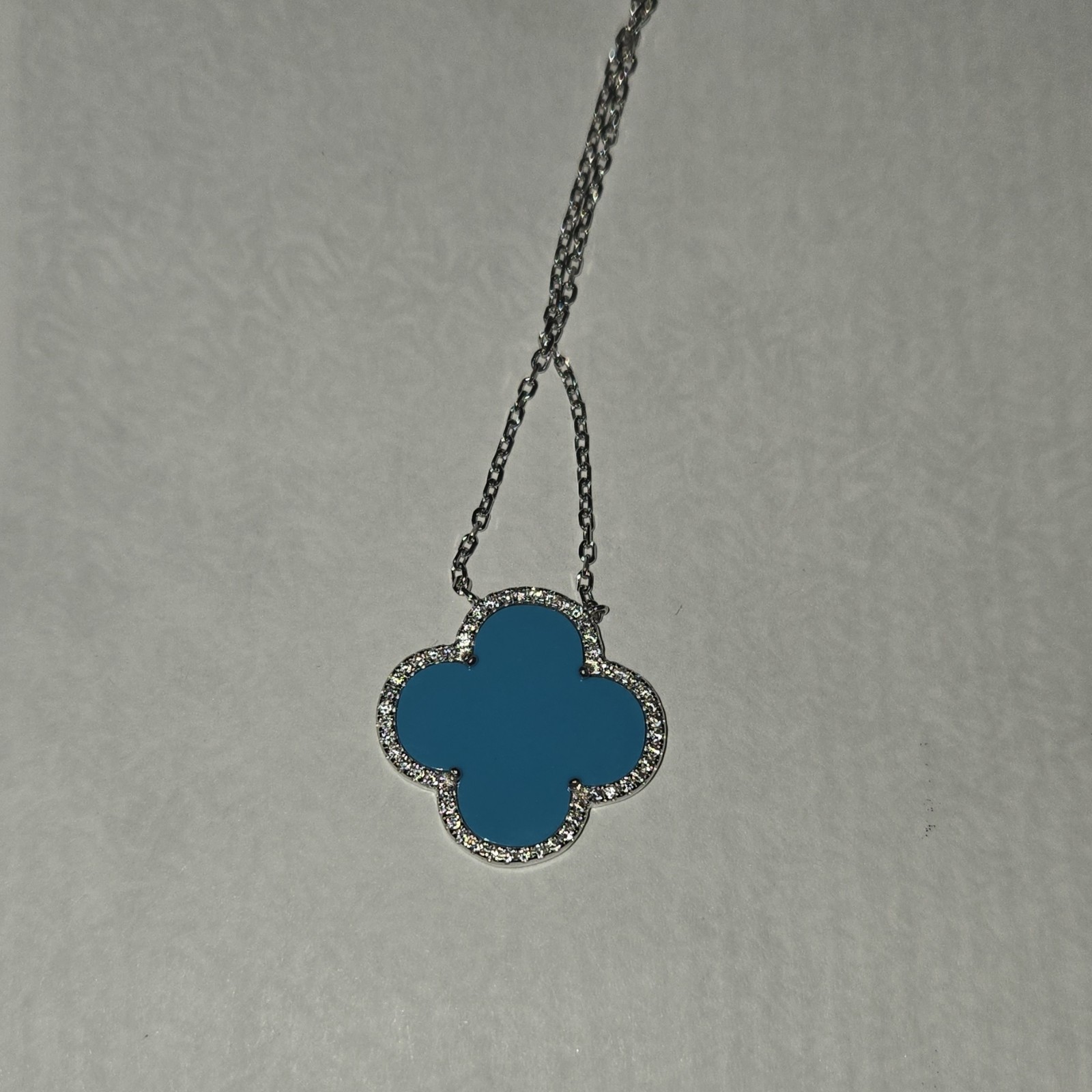 Silver Tone Pendant Necklace with Blue Clover Charm Pendant, Blue & Silver Metal