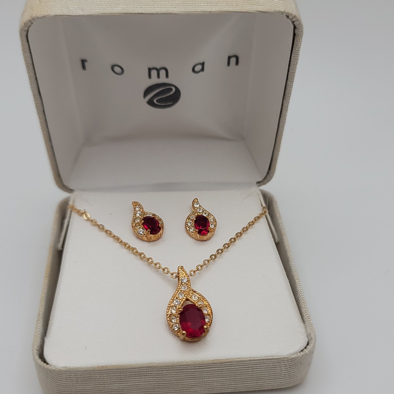 Vintage Roman Jewelry Set Simulated Ruby and Diamond Tear Drop Earrings Pendant