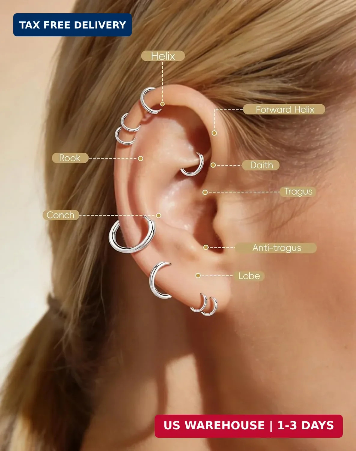Small Huggie Hoop Earrings for 6mm, 8mm, 10mm, 12mm, Silver -6/8/10/12mm