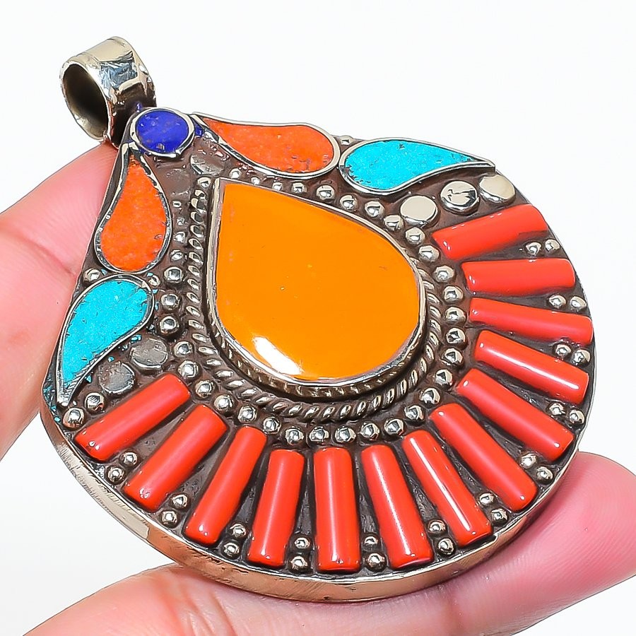 Coral Turquoise Lapis Lazuli Pendant Handmade Vintage Nepali Jewelry 2.6″ NP 249
