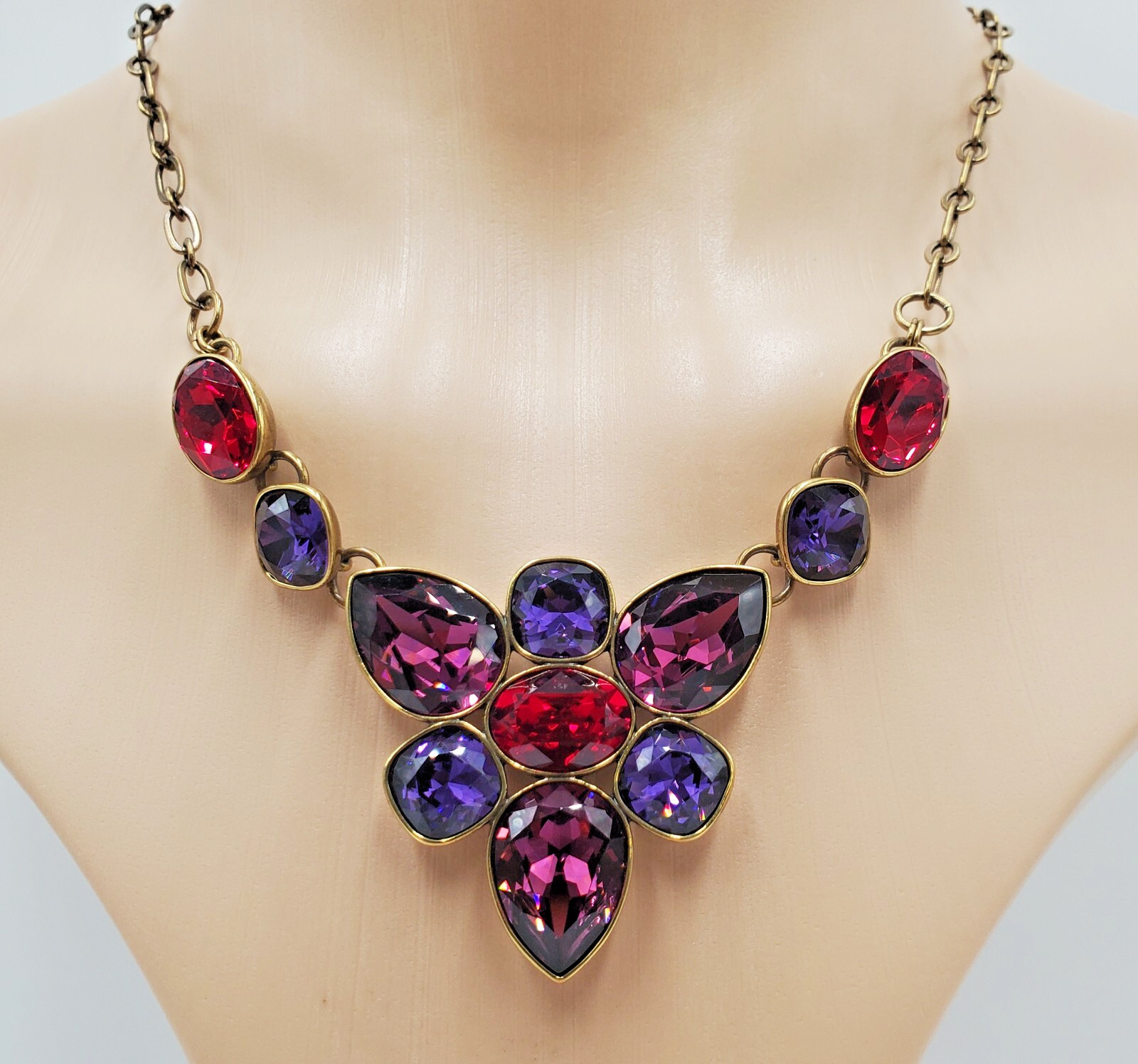 Swarovski Crystal Necklace 18in Brass Tone Red Blue Purple Crystallized TC NEW