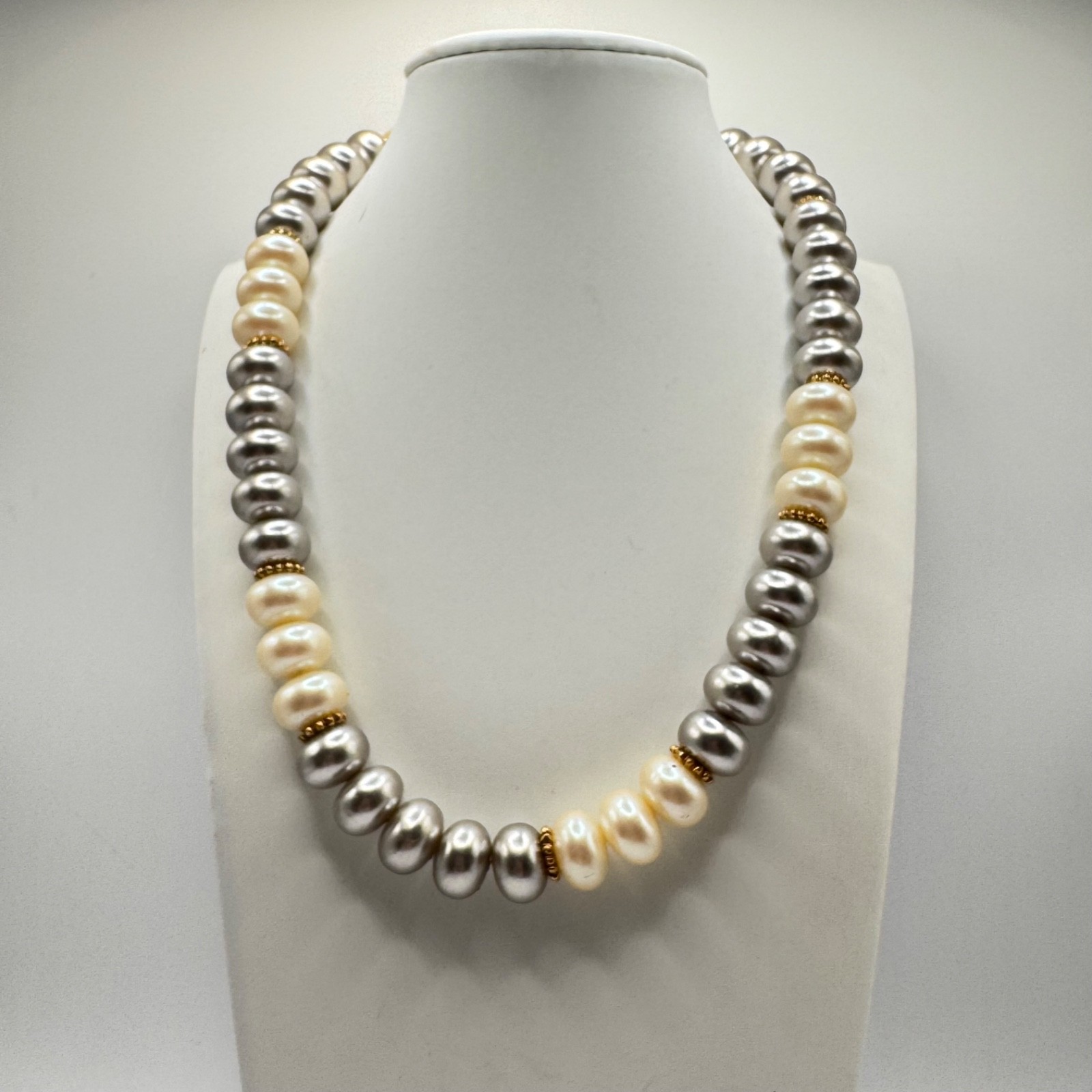 Vintage Monet Faux Pearl Necklace Gray White Hand Knotted Chunky Gold Tone clasp