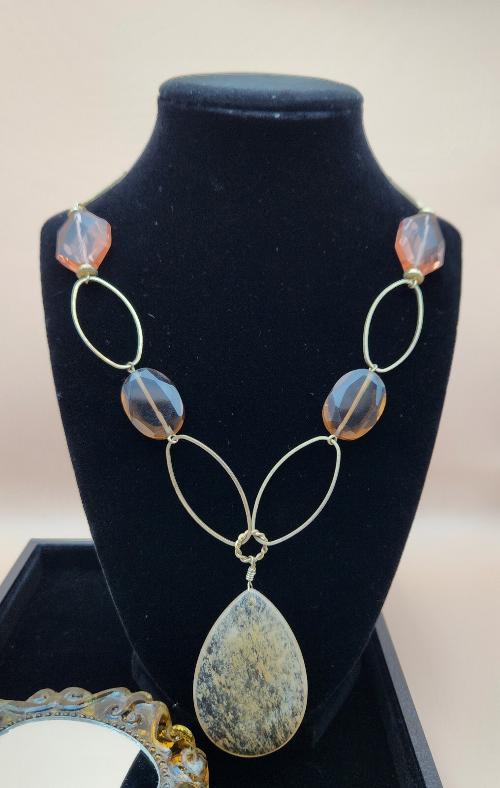 Lia Sophia Teardrop Pendant Gold Tone With Pink Brown Cream Glass Big Link…