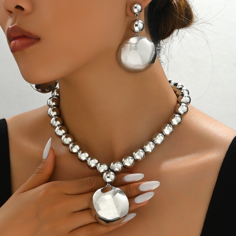 Women’s Exaggerated Large Round Bead Pendant Necklace Earring Set Acrylic