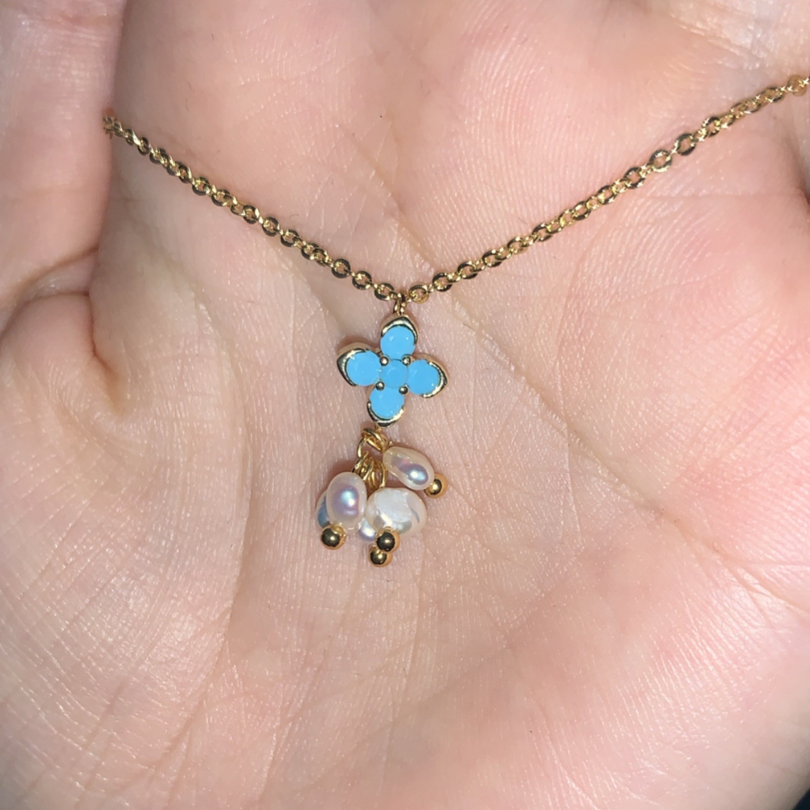 14k Gold Tone Cable Chain Necklace w/ Blue Flower Charm Pendant & Pearls