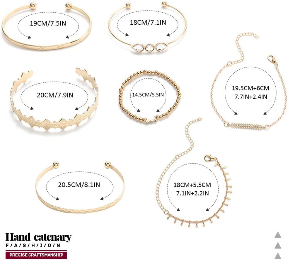 Boho Gold Cuff Bangles Bracelets Layered Stackable Chain Set Rhinestone Open Cuf