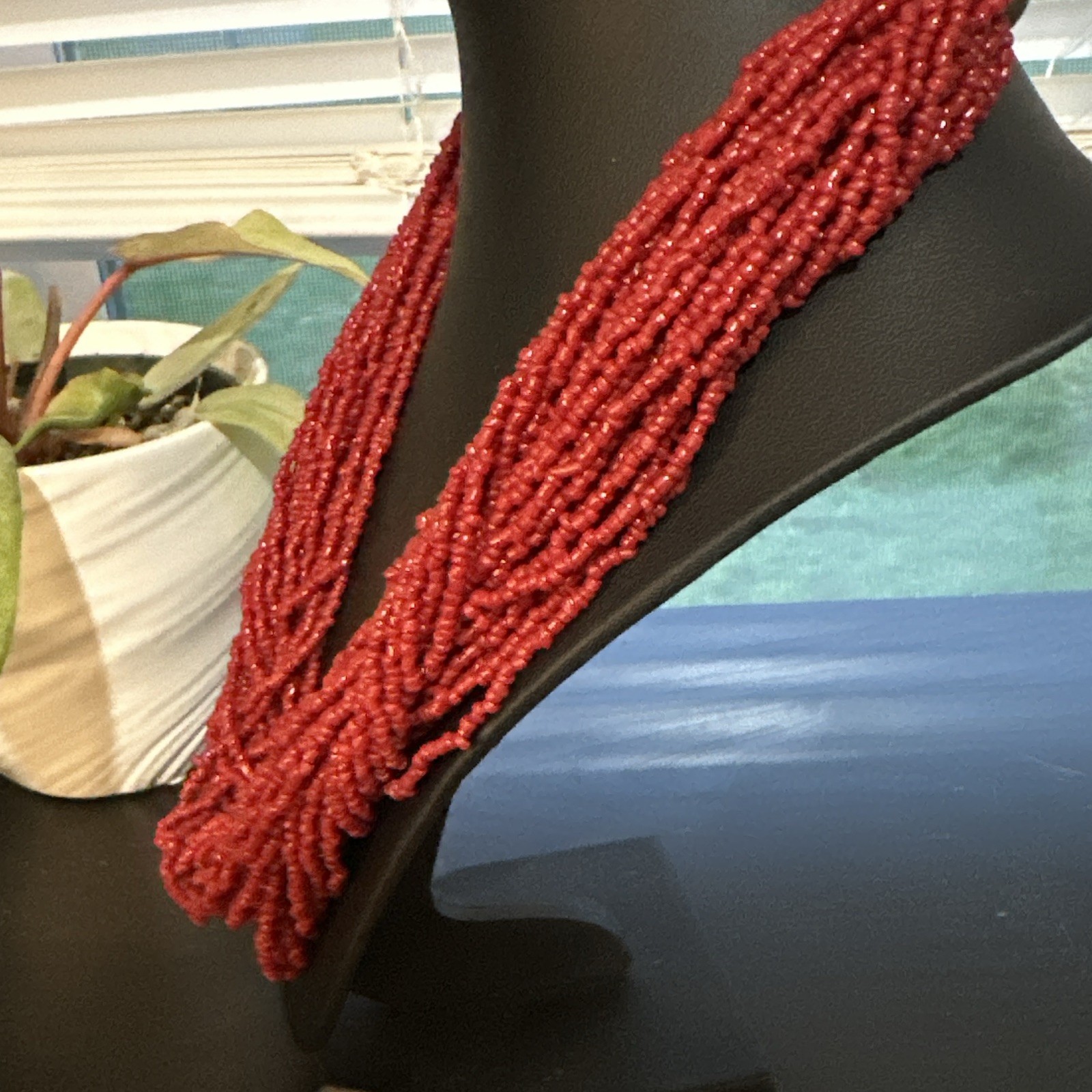 Vintage Red Multi-Strand Glass & Wood Beaded Necklace Hook Closure 19-24in