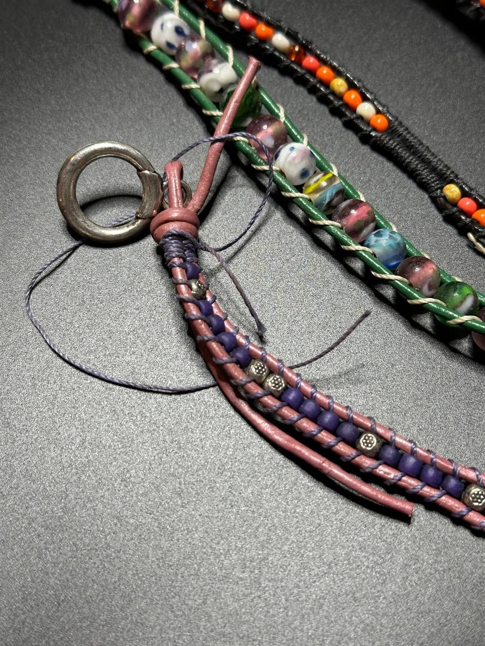 Lot of 11 leather cord wrap bracelets multicolor handmade Czech glass millefiori