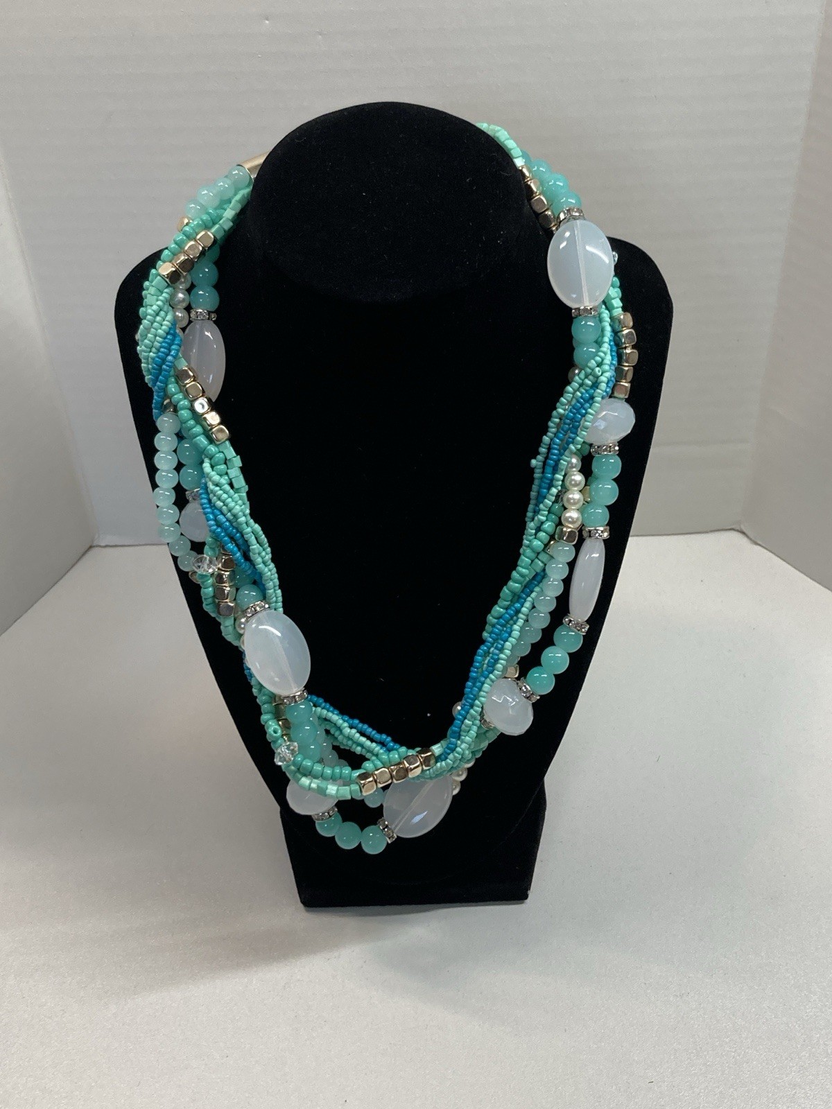 Multi-Strand Statement Necklace Aqua Teal White Beads Gold Tone 19-22″