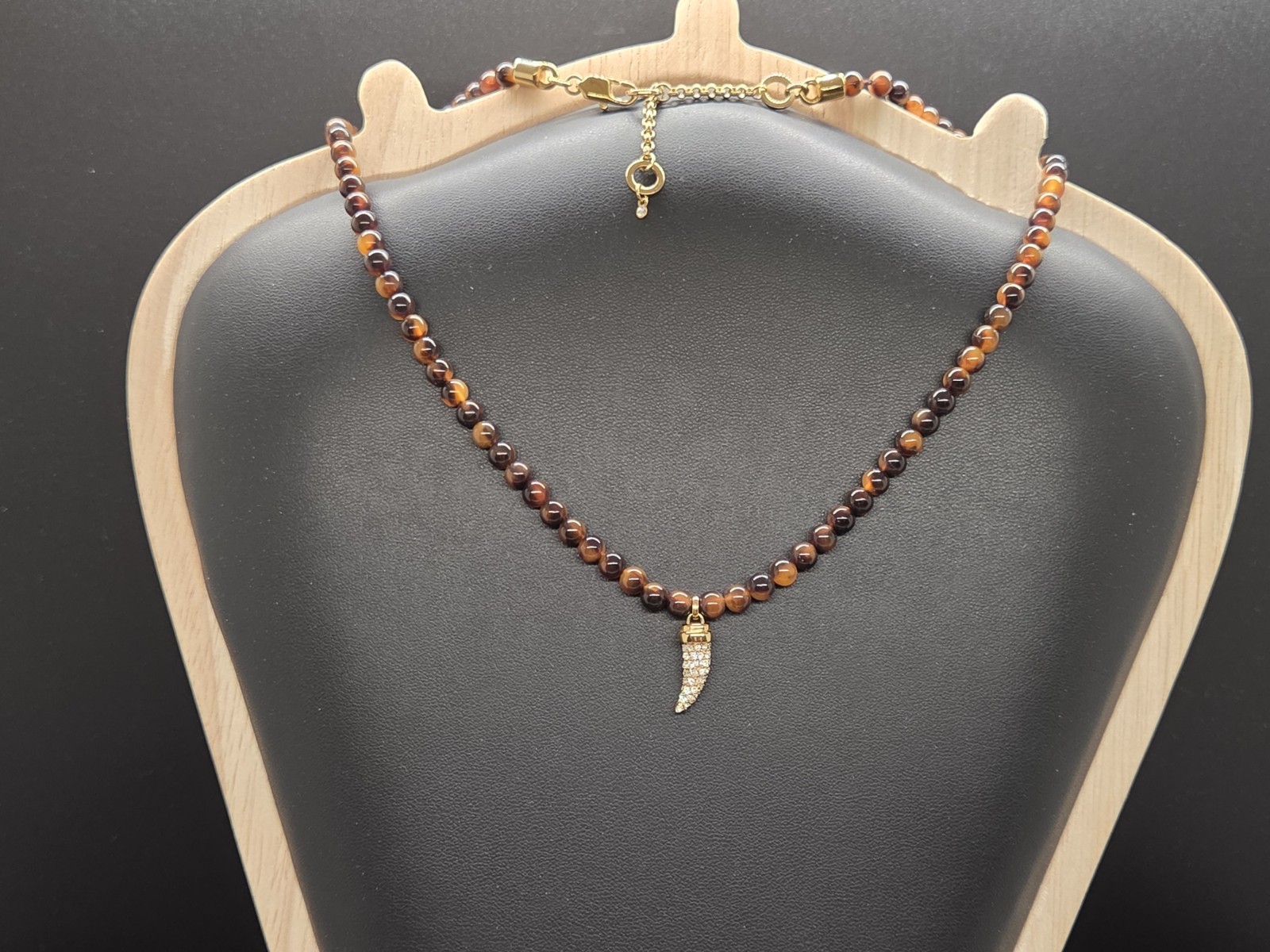 BaubleBar Tiger’s Eye Beaded Necklace Gold Tone Pavé Horn Crescent Pendant 18″