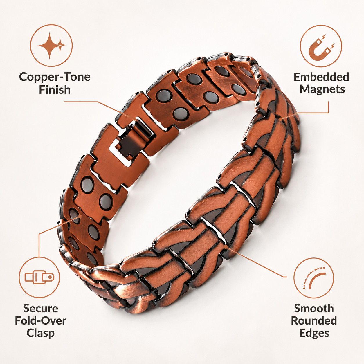 Elegant Copper-Tone Magnetic Bracelet for Men Adjustable Pain Relief Arthritis