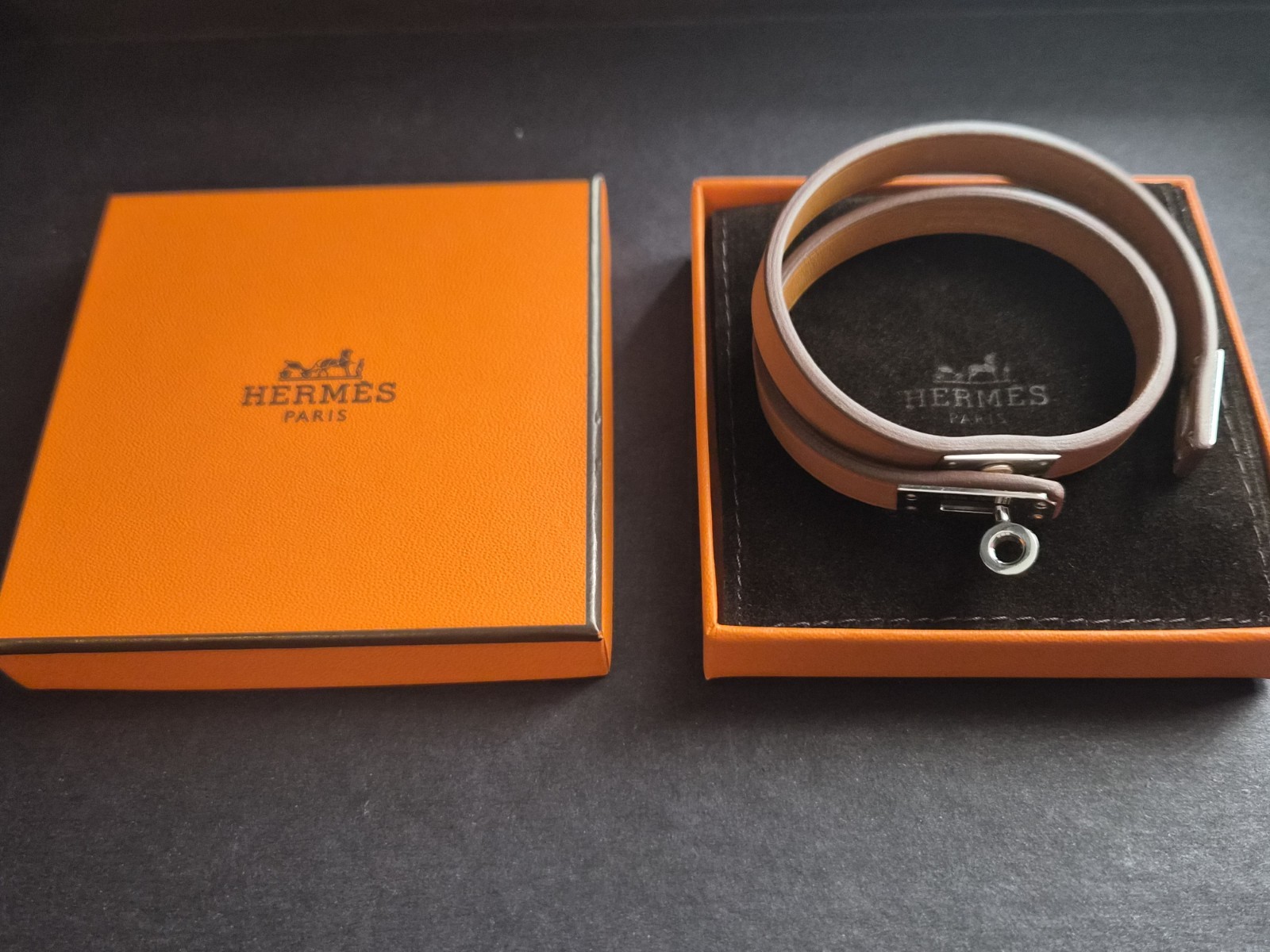 Hermes Mini Kelly Double Tour Leather Bracelet Palladium Plated Lock T3 Box