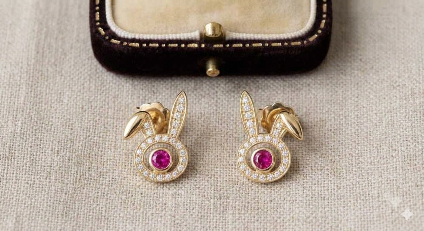 2ct Round simulated Ruby/Diamond Bunny Face Stud Earrings 14k Yellow Gold Plated