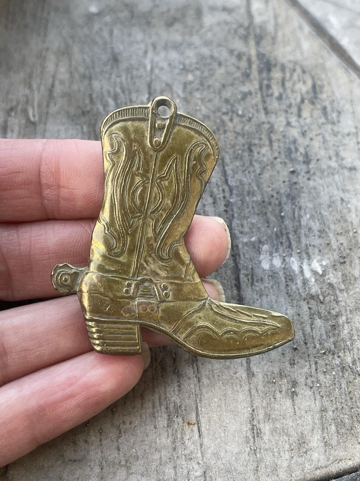 Vintage Western Cowboy Boot w/ Spur Solid Brass Pendant Jewelry 2″ 80’s