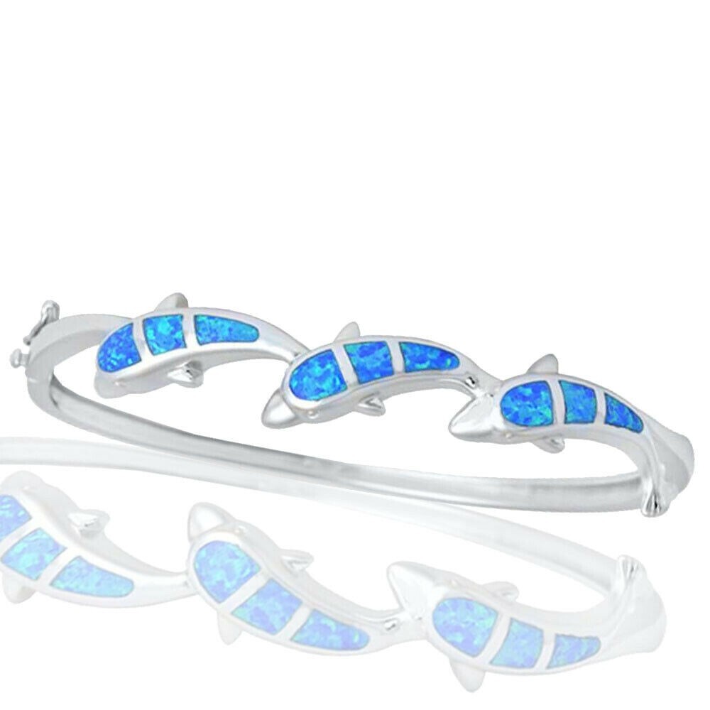 Blue Opal Cute Dolphin Cuff Bangles 925 Sterling Sliver Jewelry For Women Girl