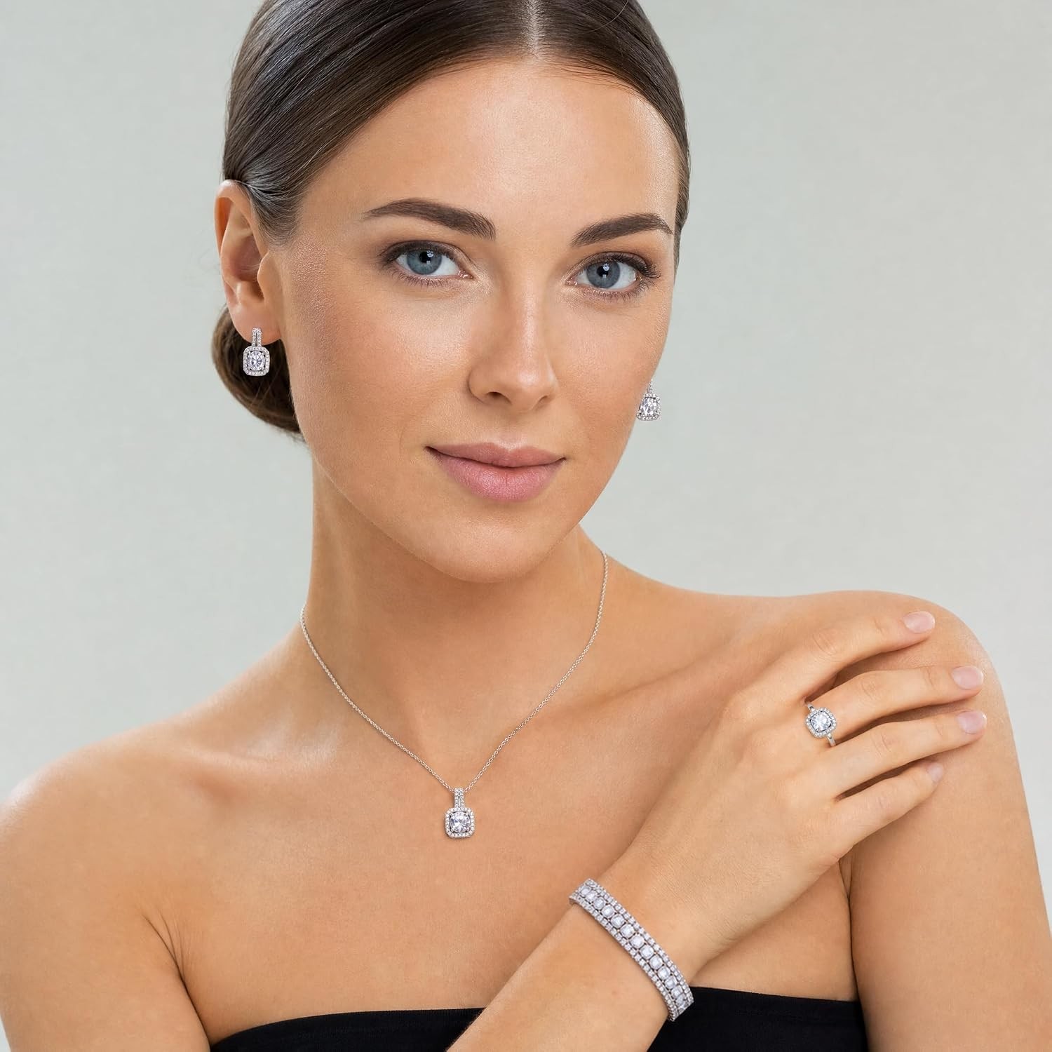 4Pcs CZ Wedding Jewelry Set Necklace Earrings Bracelet Ring for Bride Women