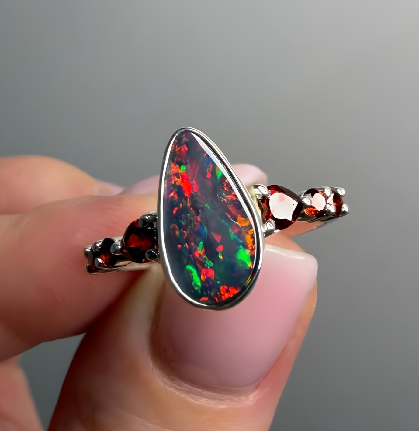 Natural Black Opal Pear Ring 925 Sterling Silver Welo Multi Fire Opal Jewelry
