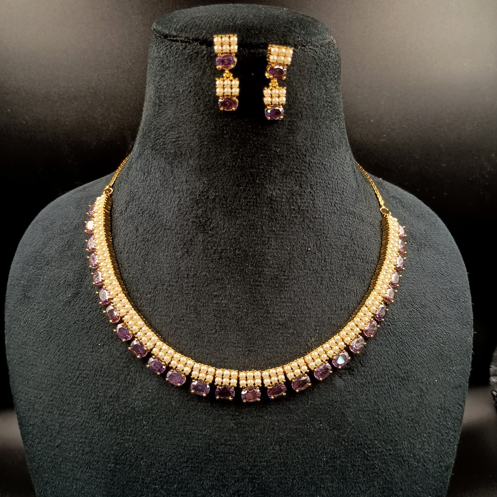 Bollywood South Indian Jewelry Purple Amethyst Pearl Choker Gold Necklace Set