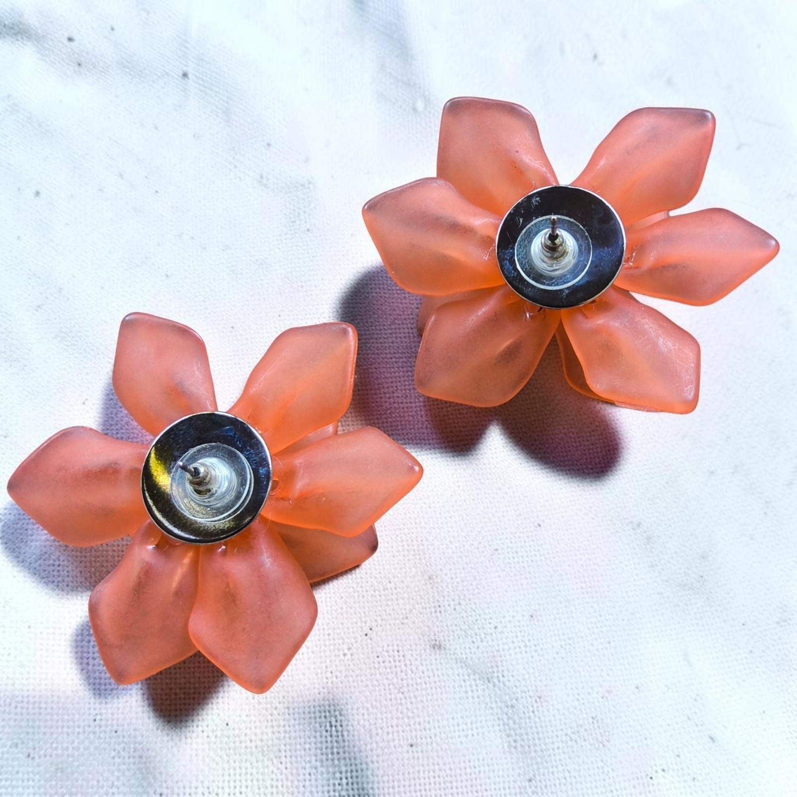 Oversize Canteloupe Color Satin Acrylic Flower Statement Pierced Earrings Floral