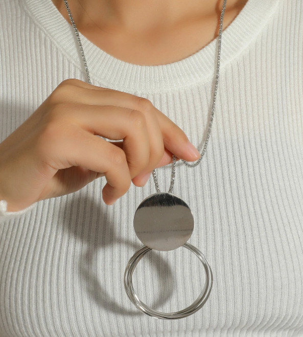 Silver Tone Round Circle Pendant Geometric Long Necklace Contemporary Fashion