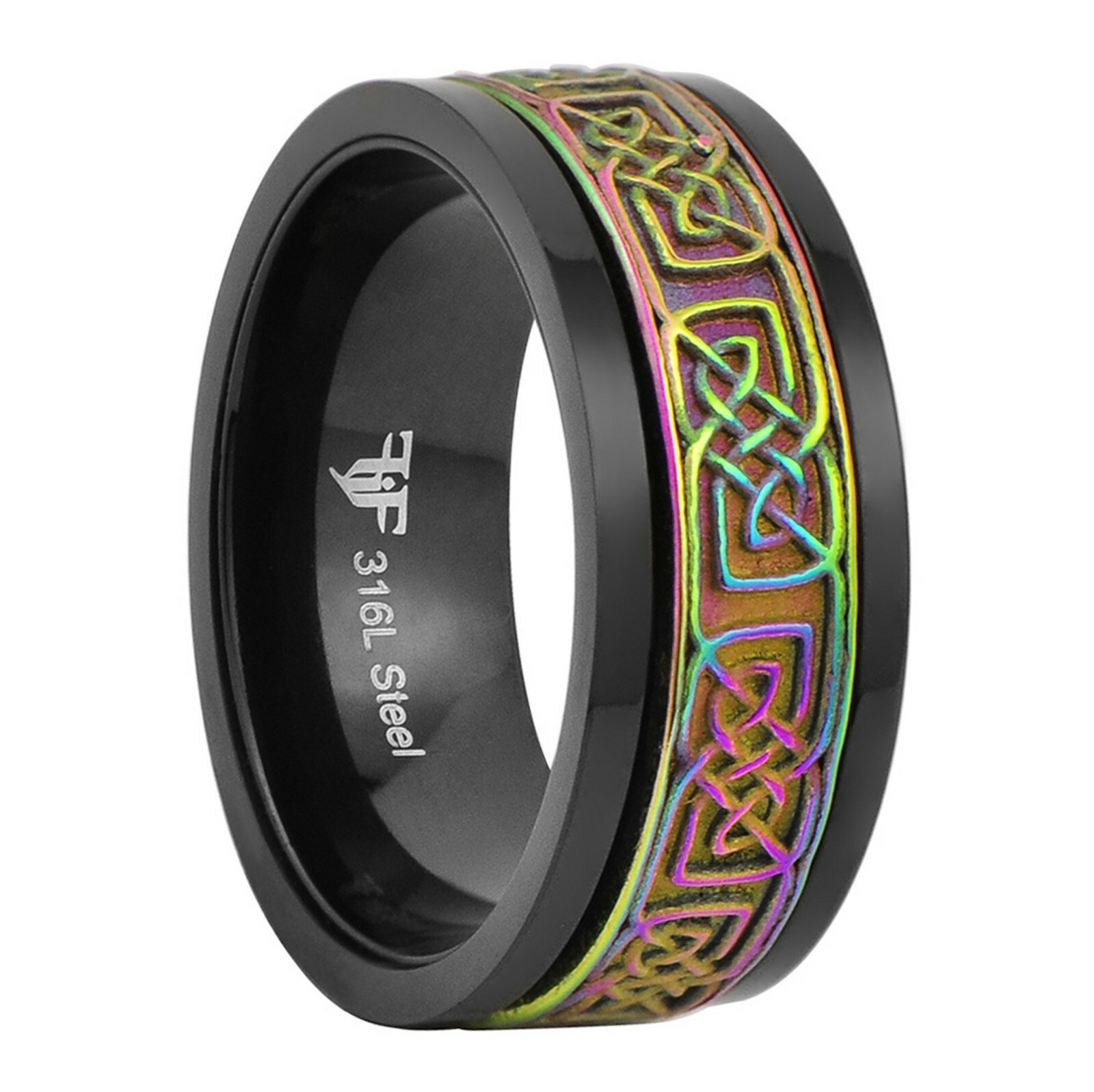 Black Rainbow Celtic Spinner Ring Stainless Steel Meditation Wedding Band