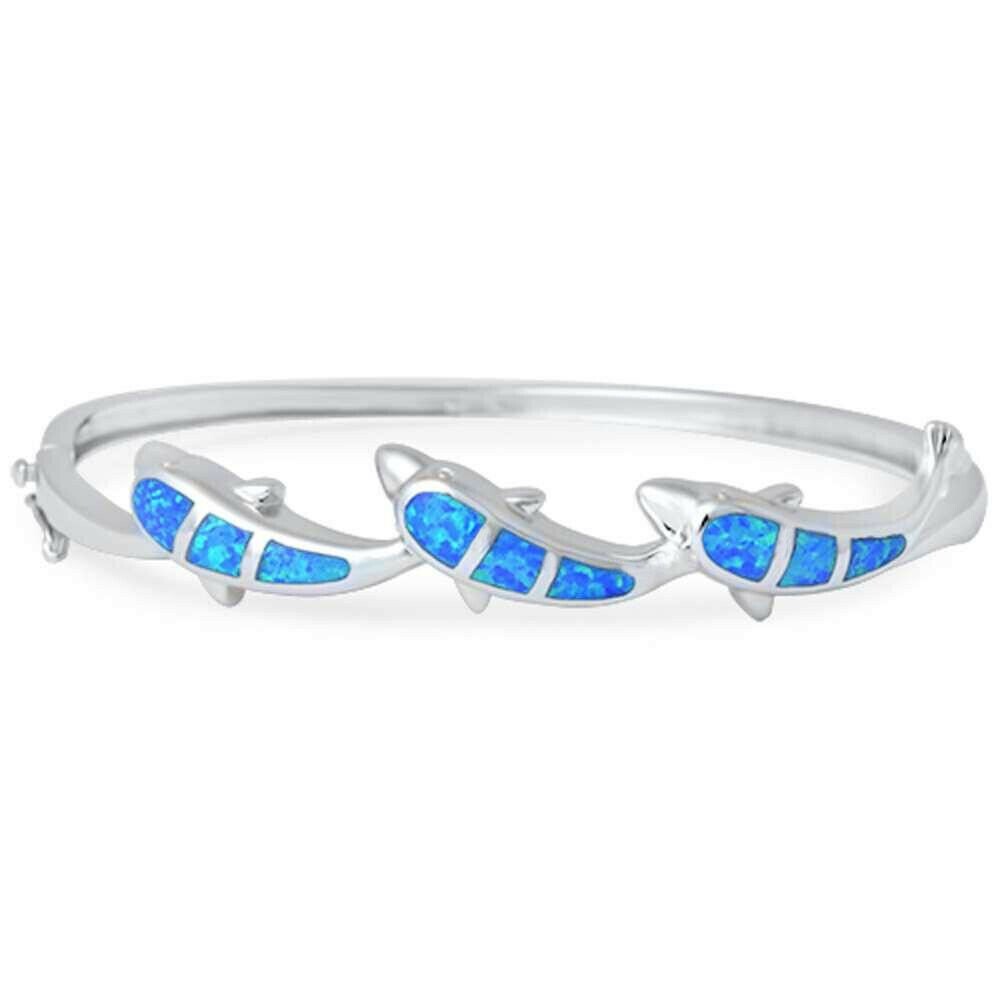 Blue Opal Cute Dolphin Cuff Bangles 925 Sterling Sliver Jewelry For Women Girl