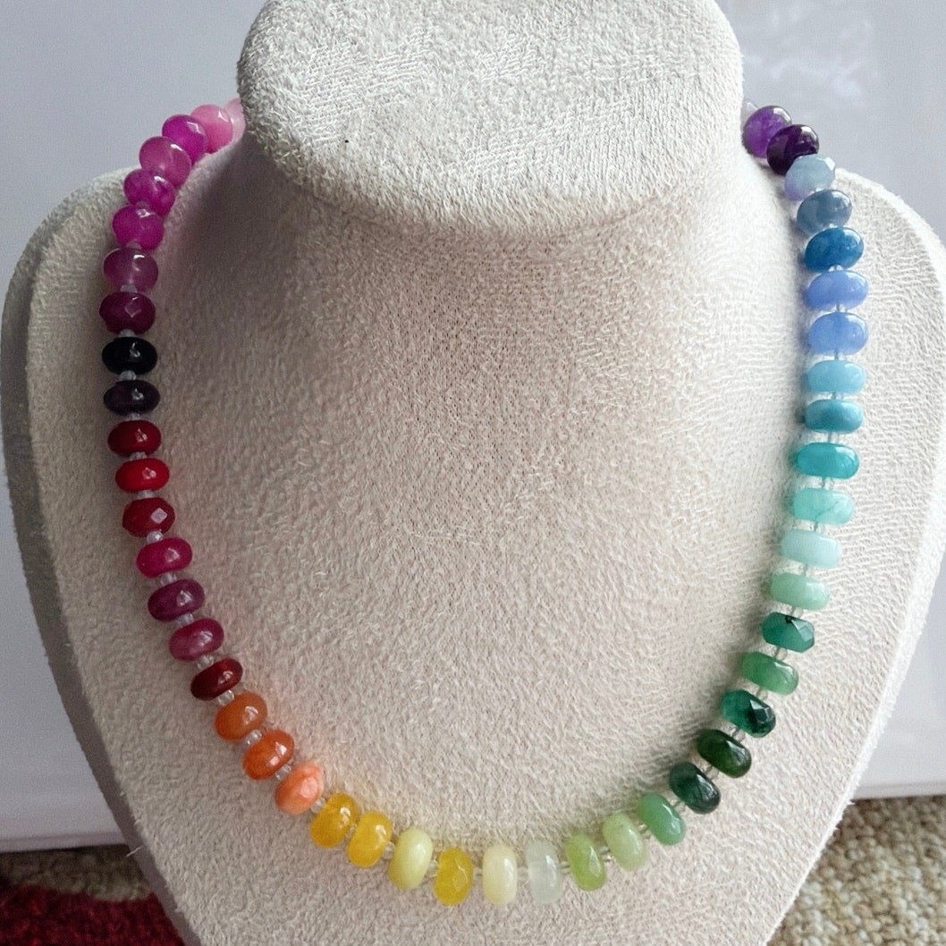 Ombre Rainbow Gemstone Necklace, Semi-Precious, Silver Tone Hardware, 16″