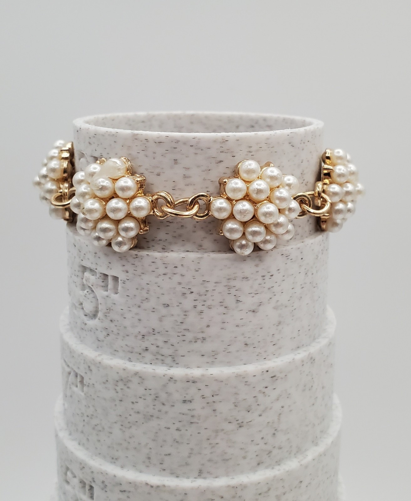 Cluster Faux Pearl Adjustable Bracelet or Anklet 6in to 10in Gold Tone Large