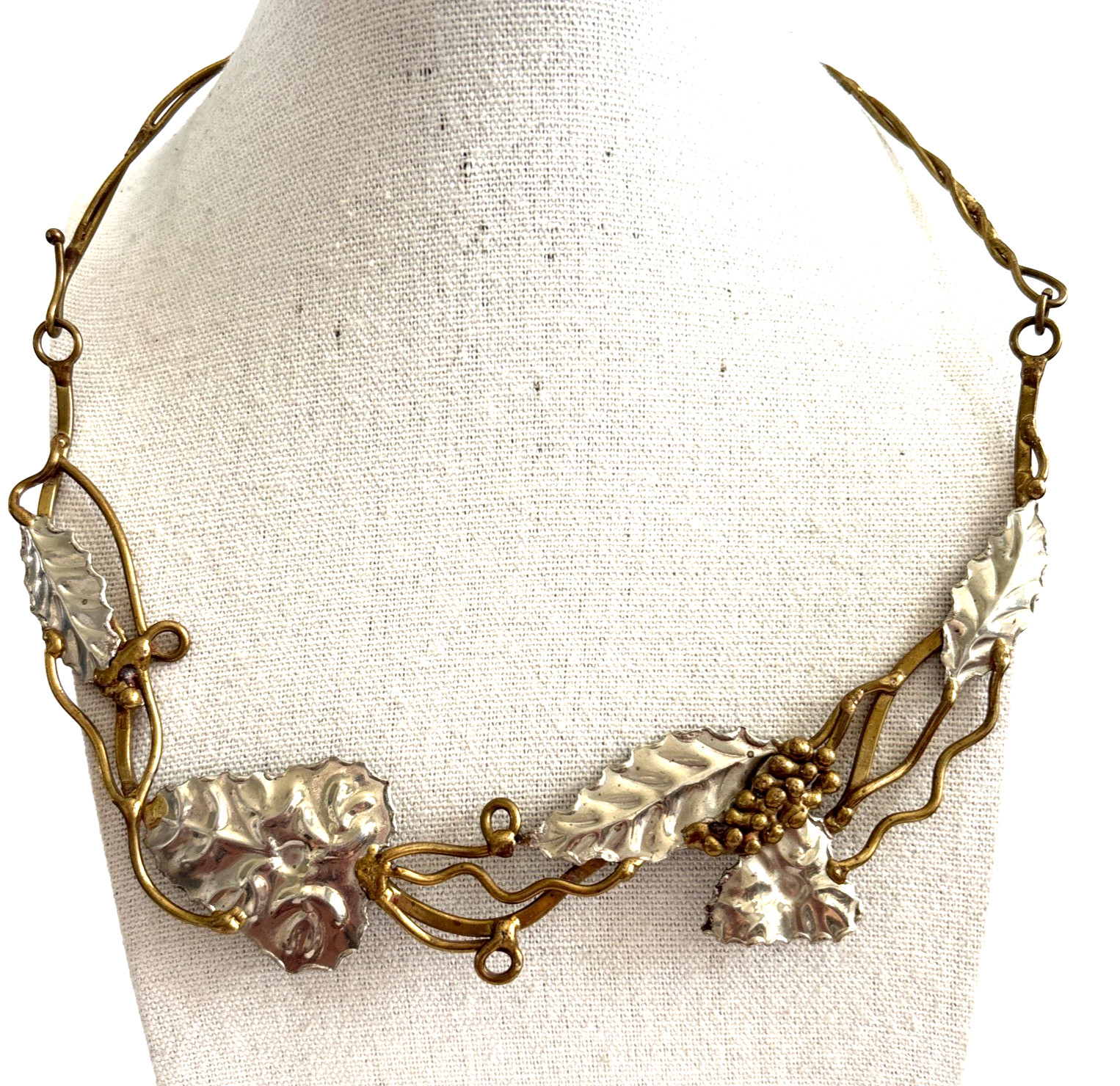 Two Tone Artisan Collar Necklace Gold Silver Color Leaf Grape Bunch Boho